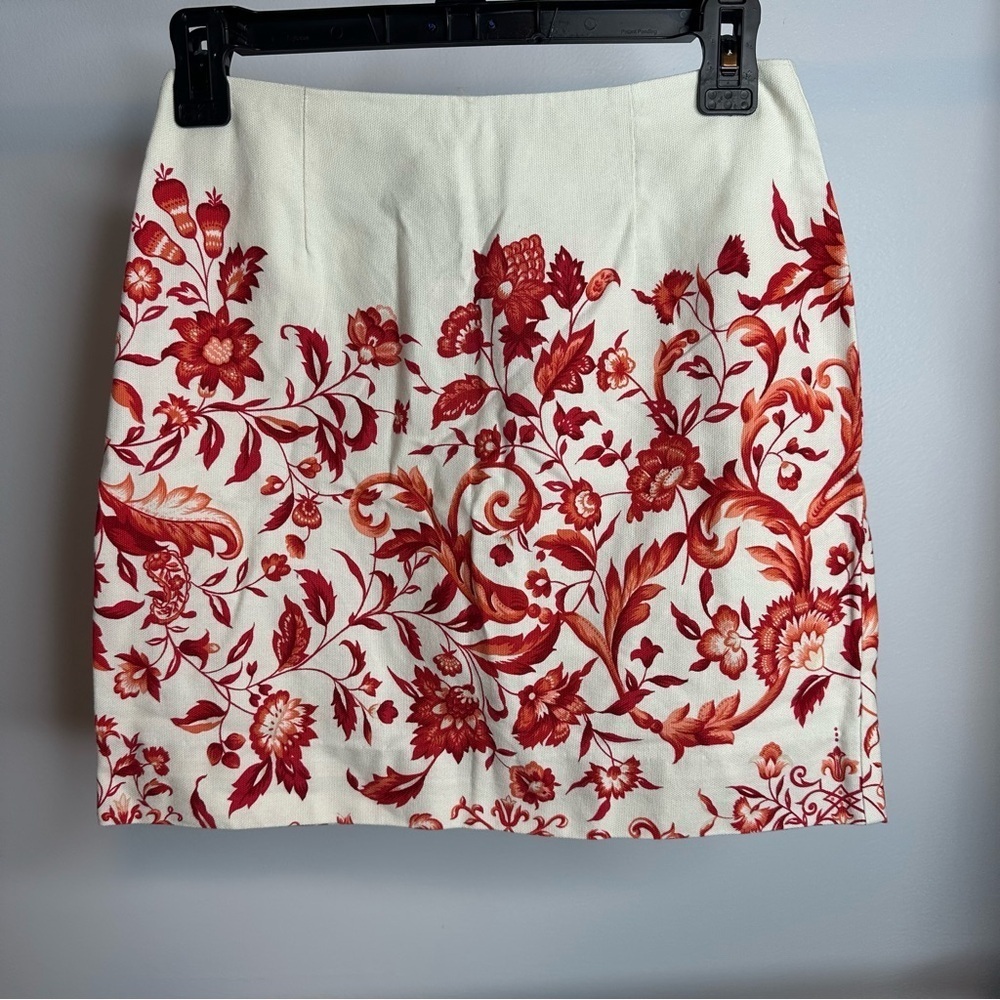 Talbots Skirt Womens Sz 2 Petites Orange Floral Cream Pencil Career
